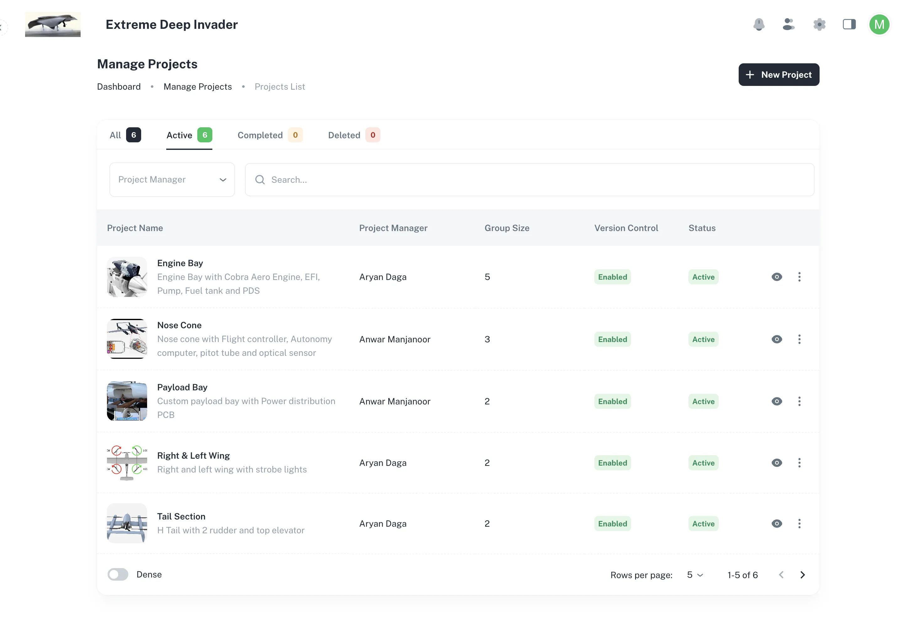 The Manage Projects list, showing projects with their status.